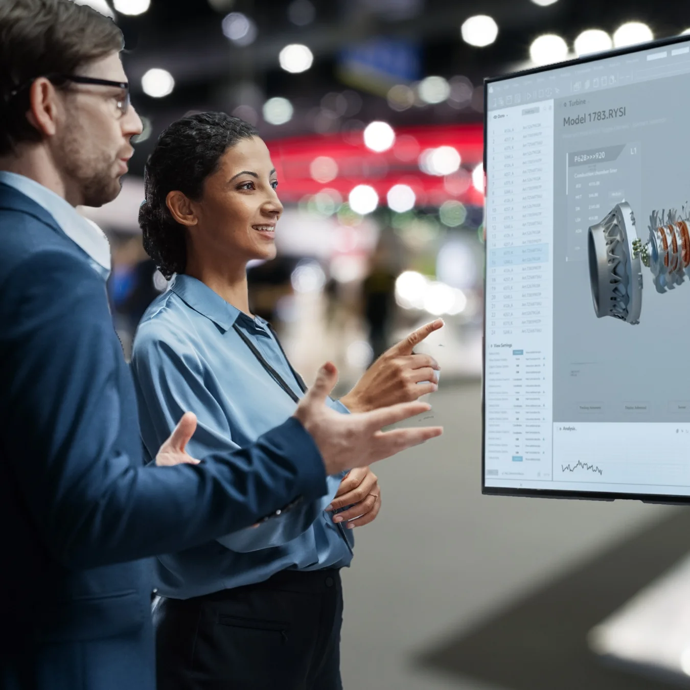 Two people at a trade show standing in front of a product demo screen