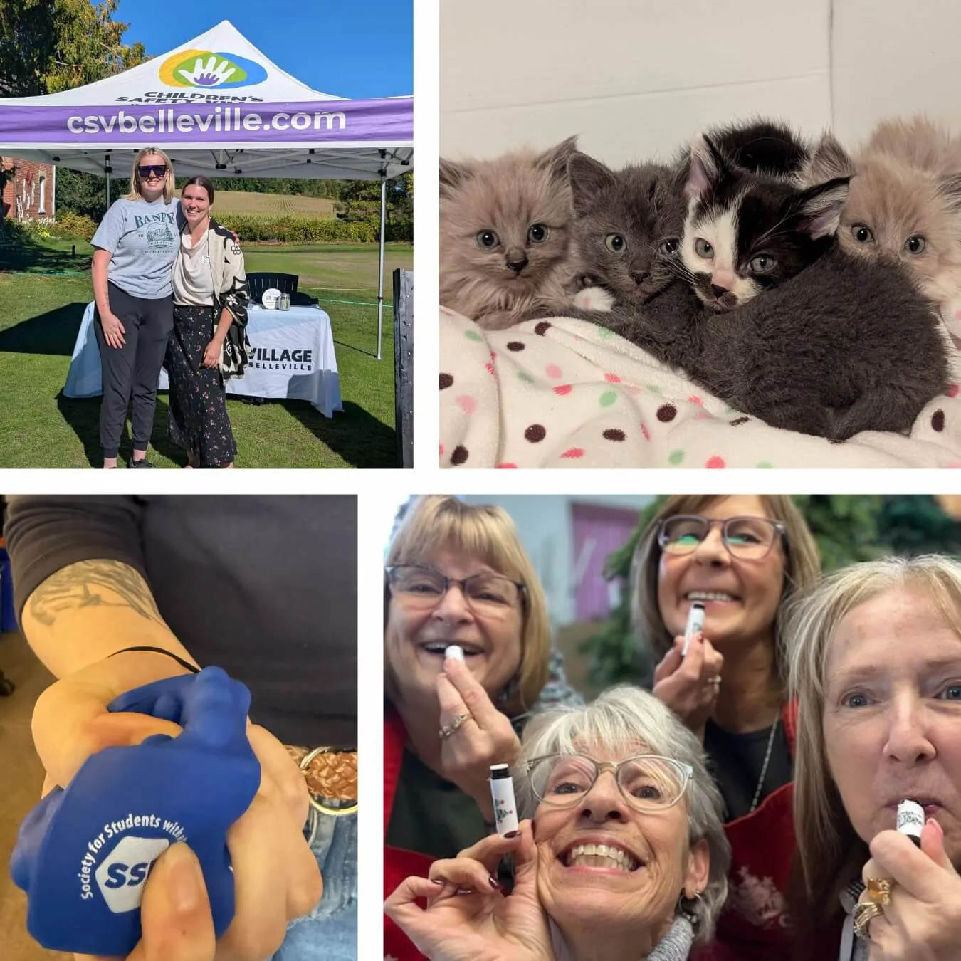 Photo collage of two people under a logoed tent, a group of kittens, four women applying lip balm and a hand squeezing a stress ball.