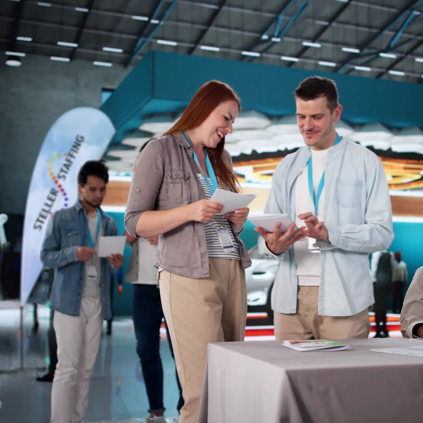 Smiling people behind a trade show booth with a branded sail sign in the background.