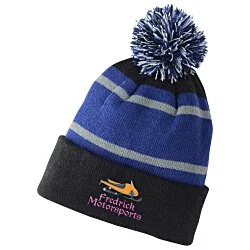 Tri-Tone Striped Pom Pom Cuffed Beanie