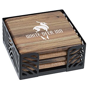 Acacia Wood 4-Piece Coaster Set in Metal Stand - Square Main Image