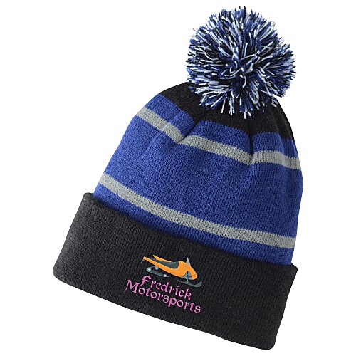 Tri-Tone Striped Pom Pom Cuffed Beanie Main Image