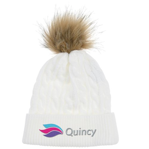 Cable Knit Beanie with Faux Fur Pom Pom Main Image