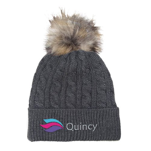 Cable Knit Beanie with Faux Fur Pom Pom - 24 hr Main Image