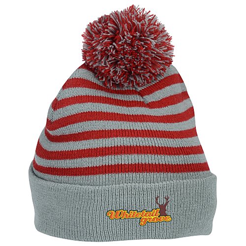 Pom Pom Multi-Stripe Beanie with Cuff Main Image