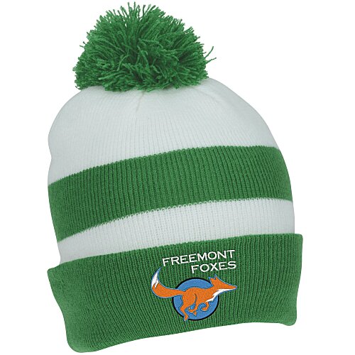Two Tone Striped Pom Beanie with Cuff Main Image
