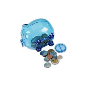 Additional Image 1 - a blue piggy bank with a few small pieces of blue objects