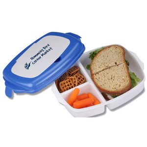 Additional Image 2 - a blue and white lunch box with a sandwich and carrot