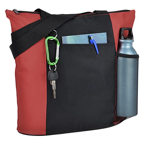 Additional Image 1 - a red and black bag with a black strap and a black bottle