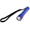 a blue flashlight with a black strap