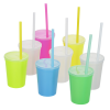 a group of colorful plastic cups with straws