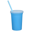 a blue cup with a straw