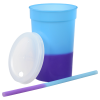 a blue and purple cup and a purple spoon