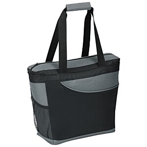 Additional Image 1 - a red and black tote bag with a blue plate inside