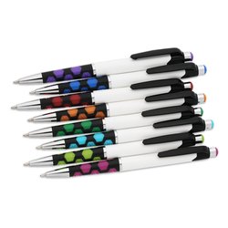 a group of pens on a white background