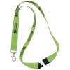 a green lanyard with black text