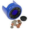 a blue plastic object with a round blue object next to some coins