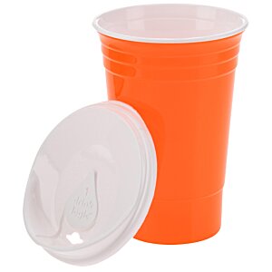 Additional Image 1 - an orange plastic cup with a lid