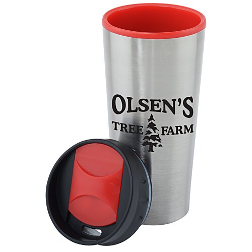 Additional Image 1 - a silver and red cup with a black lid