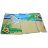 a folded paper with a beach scene on it