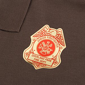 Additional Image 2 - a red and white logo on a brown shirt