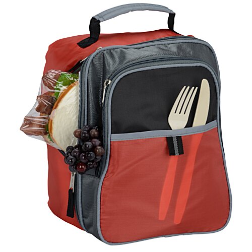Additional Image 1 - a red and grey lunch bag with food inside