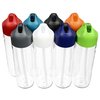 a group of plastic bottles with colorful lids