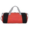 a red and black duffel bag