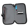 a black and grey case with a blue pen and a blue handle