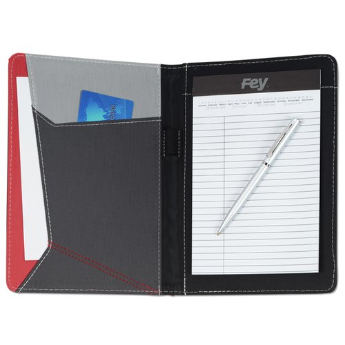 Additional Image 1 - a black and red folder with a white paper and a blue card
