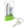 a key chain with a green liquid inside