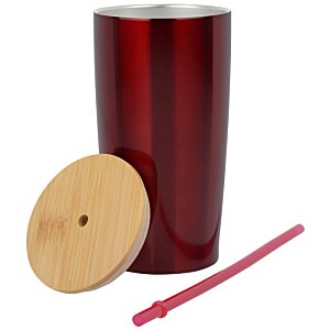 Additional Image 1 - a red cup with a wooden lid and a straw