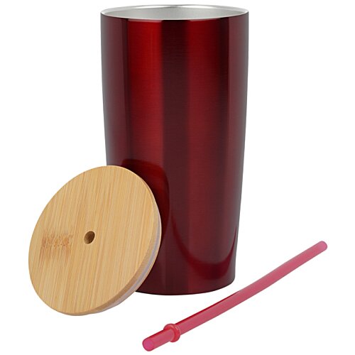 Additional Image 1 - a red cup with a wooden lid and a straw