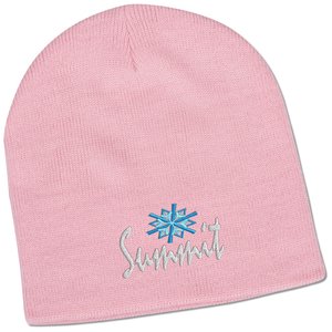 Additional Image 1 - a pink beanie with a blue logo