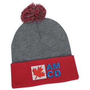 Additional Image 1 - a grey and red beanie with a pom