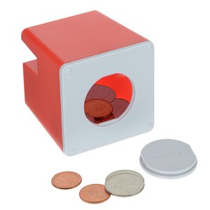 Additional Image 4 - a red and white cube with a hole in the center and several coins