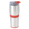 a silver and red tumbler