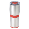 a silver and red thermos