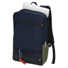 a blue backpack with a black strap