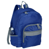 a blue backpack with a grey strap