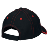 a black hat with red stitching