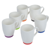 a group of white mugs with colorful handles