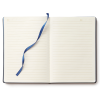 a white book with a blue ribbon