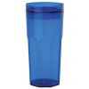 a blue plastic cup with a black lid