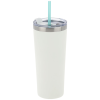 a white cup with a blue straw