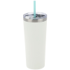 a white cup with a blue straw