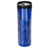 a blue cylindrical container with a black lid