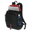 a black backpack with a white paper and a blue bottle