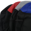 a stack of black and red backpacks