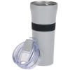 a white cup with a black band